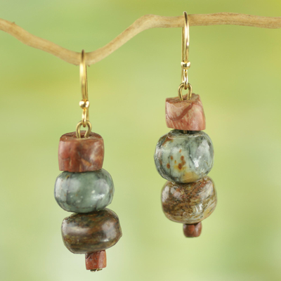Soapstone dangle earrings, 'Rustic Joy' - Soapstone and Bauxite Bead Dangle Earrings from Ghana