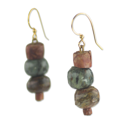 Soapstone dangle earrings, 'Rustic Joy' - Soapstone and Bauxite Bead Dangle Earrings from Ghana