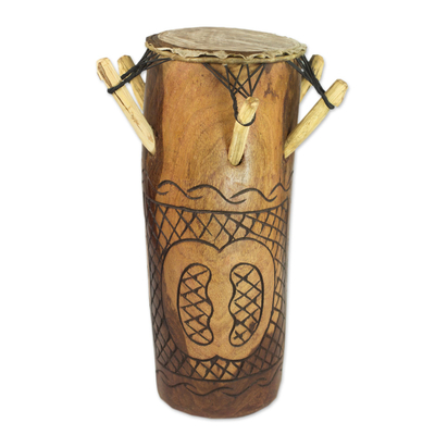Wood kpalongo drum, 'Rhythm Catcher' - Tweneboa Wood Drum with Goat Skin Head from Ghana