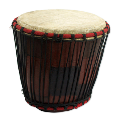 Wood bongo drum, 'Dramatic' - Handcrafted Tweneboa Wood Bongo Drum from Ghana