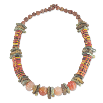 Soapstone beaded necklace, 'Earthen Contours' - Soapstone and Recycled Plastic Beaded Necklace from Ghana