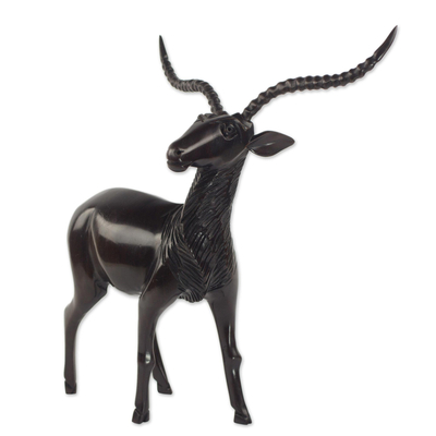Ebony wood sculpture, 'Regal Gazelle' - West African Ebony Wood High Polish Brown Gazelle Sculpture