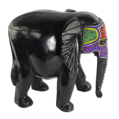 Perlenbesetzte Mahagoniholzkiste - Dekorative Elefantenbox aus Mahagoni und recycelten Glasperlen