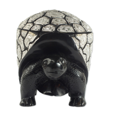 Mahogany wood decorative box, 'Protected Turtle' - Mahogany and Aluminum Decorative Turtle Box from Ghana