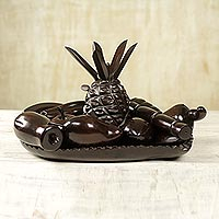Ebony wood sculpture, 'Bowl of Plenty' - West African Polished Brown Ebony Fruit Bowl Sculpture