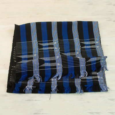 Cotton kente cloth shawl, 'Textured Delft Blue' - Blue Black and White Hand Woven 100% Cotton Kente Shawl