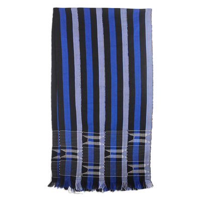 Mantón de tela kente de algodón - Chal kente tejido a mano 100% azul, blanco y negro