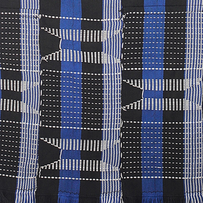 Cotton kente cloth shawl, 'Textured Delft Blue' - Blue Black and White Hand Woven 100% Cotton Kente Shawl