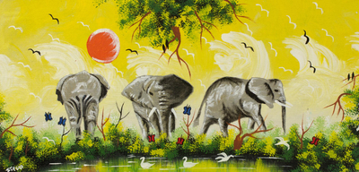 'Elephant Posture' - Impressionist Painting of Elephants Signed Art from Ghana