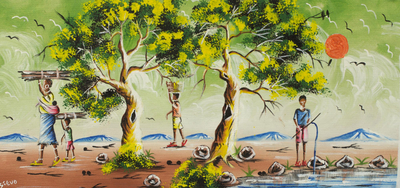 Impressionist Signed Painting Ghanaian Trees and Villagers