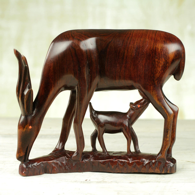 Ebony wood statuette, 'Antelope Motherhood' - Hand Carved Ebony Statuette of Antelope Mother and Calf