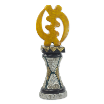Aluminum and brass accent wood sculpture, 'Gye Nyame Trophy' - Sese Wood Aluminum and Brass Adinkra Sculpture from Ghana