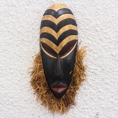 African wood mask, 'Sweet Agbevivi' - Hand Carved Wood and Raffia African Mask from Ghana