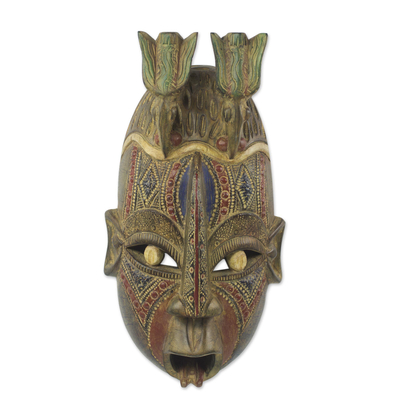 Afrikanische Holzmaske - Mehrfarbige handgeschnitzte Wandmaske aus afrikanischem Holz mit Tauben