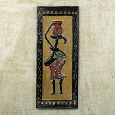 African wood wall accent, 'Working Hard' - Original African Wood Wall Accent of Pregnant Woman