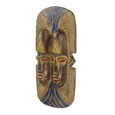 African wood mask, 'Nduka Is Life' - Two Faces One African Mask Weathered Wood Hand Carved Art