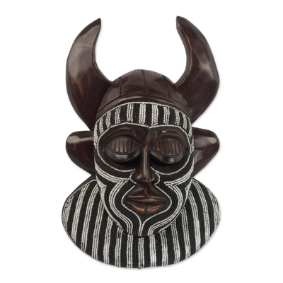 African beaded wood mask, 'Kafo Horns' - Black and White Beaded African Wood Horn Wall Mask of Power