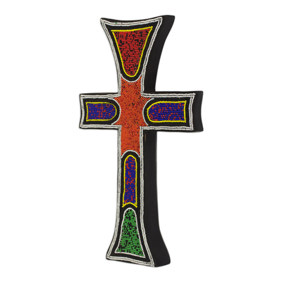 Beaded wood cross, 'Bless My Home' - Byzantine Style Beaded Wood Wall Cross Hand Crafted in Ghana