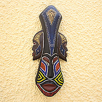 African wood mask, 'Glorious Work' - Beaded Wood Three Faced African Wall Mask Crafted by Hand