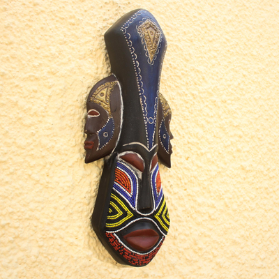 Beaded Wood Three Faced African Wall Mask Crafted by Hand - Glorious ...