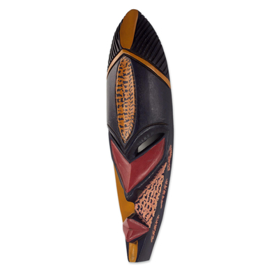 African wood mask, 'Akpe Gratitude' - Hand Crafted Sese Wood African Wall Mask in Black and Orange
