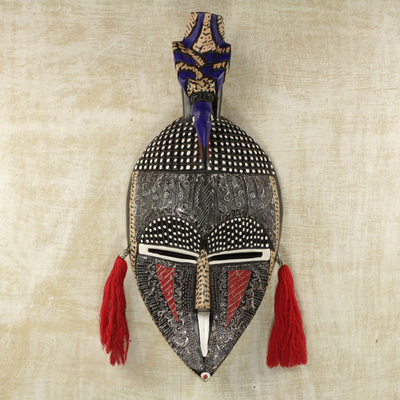 African wood and aluminum mask, 'Be at Peace' - Original Aluminum and Sese Wood African Mask from Ghana