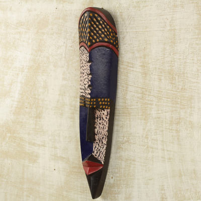 Máscara de madera africana - Máscara Africana de Madera de Sesé Hecha a Mano en Azul Marino y Beige