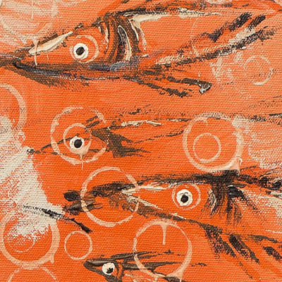 'Familia' - Pintura moderna firmada de estilo libre de peces en color melocotón y naranja