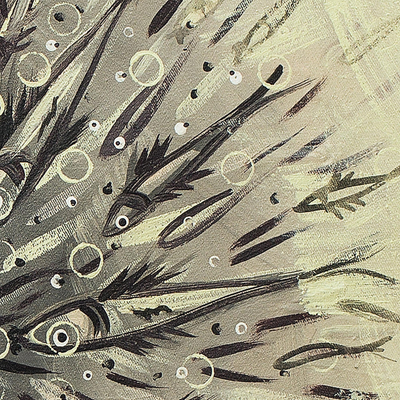 Das Treffen - Signierte Freestyle-Malerei von Fischen in Schwarz-Weiß