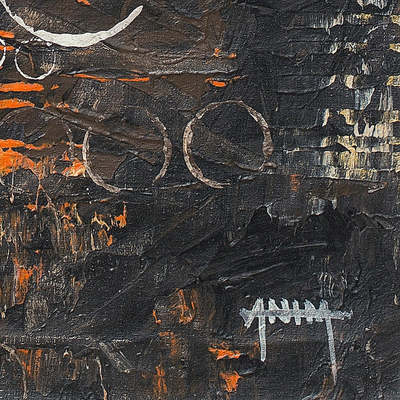 'Reflection' - Signed Abstract Painting in Black and Beige from Ghana