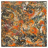 'The Brain' - Signed Abstract Painting with Orange Colors from Ghana