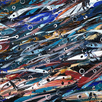 Bewegung‘ (2016) – Signierte ghanaische moderne Kür-Malerei mehrfarbiger Fische
