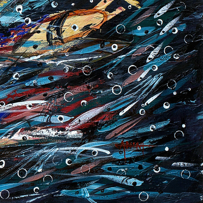 Bewegung‘ (2016) – Signierte ghanaische moderne Kür-Malerei mehrfarbiger Fische