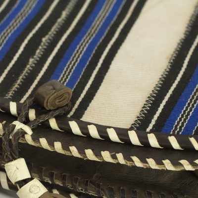 Cotton and leather accent shoulder bag, 'Bawku Splendor' - Azure on Off White Stripes Cotton Shoulder Bag with Leather