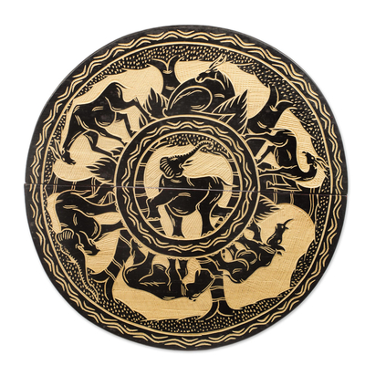 Mesa plegable de madera - Mesa plegable ghanesa de madera de Sese con elefantes y gacelas