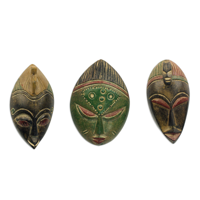 African wood masks, 'Messengers of Justice' (set of 3) - Set of Three Sese Wood African Masks Handmade in Ghana