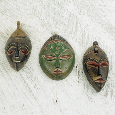 African wood masks, 'Messengers of Justice' (set of 3) - Set of Three Sese Wood African Masks Handmade in Ghana