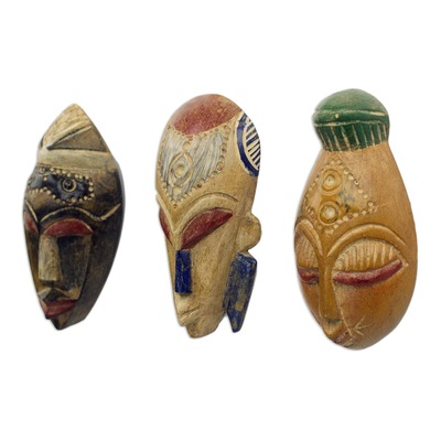 African wood masks, 'Wisdom and Happiness' (set of 3) - Set of 3 Sese Wood African Masks Handcrafted in Ghana