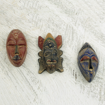 Afrikanische Holzmasken, „Mawunyo“ (3er-Set) – Set mit 3 authentischen afrikanischen Masken, handgefertigt in Ghana
