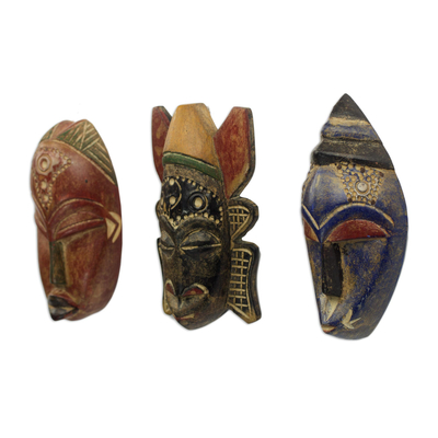 African wood masks, 'Mawunyo' (set of 3) - Set of 3 Authentic African Masks Handcrafted in Ghana
