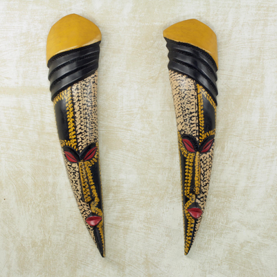 African wood masks, 'Fante Queen' (pair) - Pair of African Sese Wood Masks Handmade in Ghana