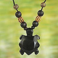 Wood and bamboo pendant necklace, 'Longevity Tortoise' - Sese Wood and Bamboo Tortoise Pendant Necklace from Ghana