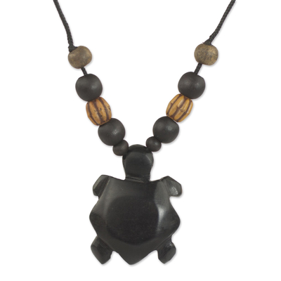 Wood and bamboo pendant necklace, 'Longevity Tortoise' - Sese Wood and Bamboo Tortoise Pendant Necklace from Ghana