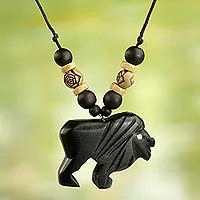 Wood pendant necklace, 'Mighty Lion'