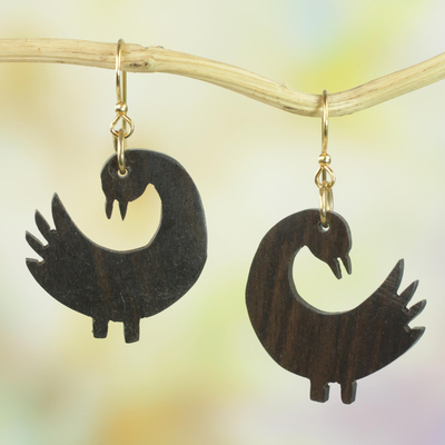 Wood dangle earrings, 'Returning Birds' - Handmade Sese Wood Bird-Themed Dangle Earrings from Ghana