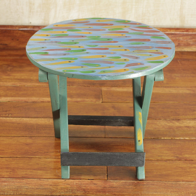 Sese wood folding table, 'School of Fishes' - Ghana Hand Crafted and Painted Sese Wood Fish Folding Table