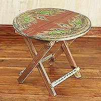 Mesa plegable de madera y aluminio Sese, 'Four Flamingos' - Mesa plegable artesanal de madera de Sese con flamencos verdes africanos