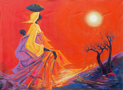 „Zurück nach Hause“. - Signiertes ghanaisches expressionistisches Gemälde einer Mutter mit Kind
