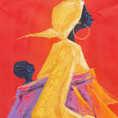 'Back Home' - Pintura expresionista ghanesa firmada de una madre y su hijo