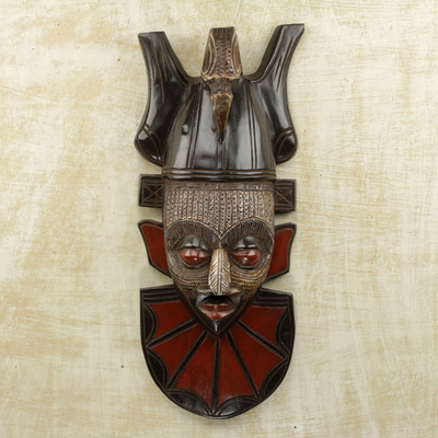 African wood mask, 'Ndidiamaka Bird' - Hand Crafted Wood and Aluminum African Wall Mask with Bird